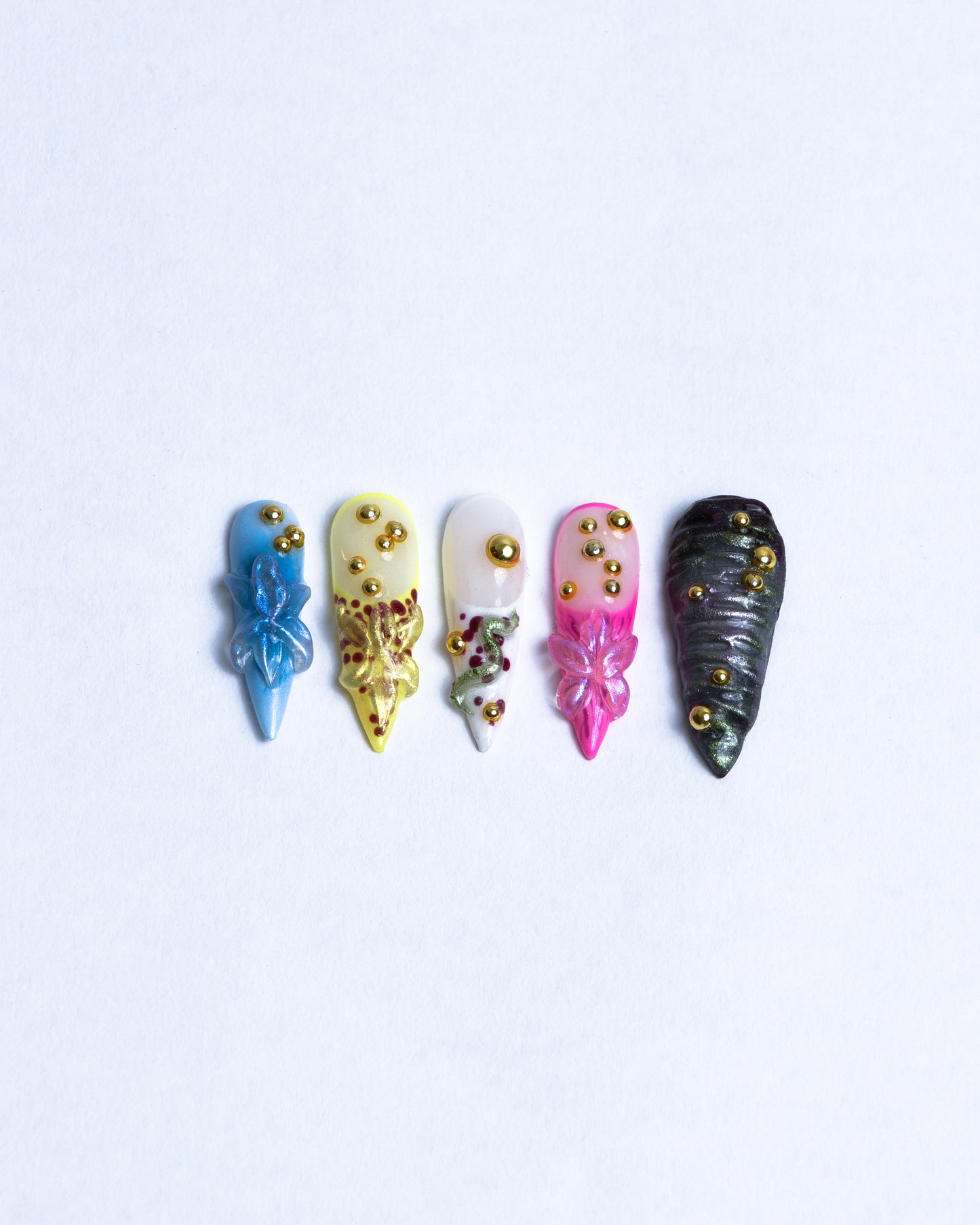 Petal Glow Press-On Nails – 3D Sculpted Flowers & Pine, Glittery Stiletto Design