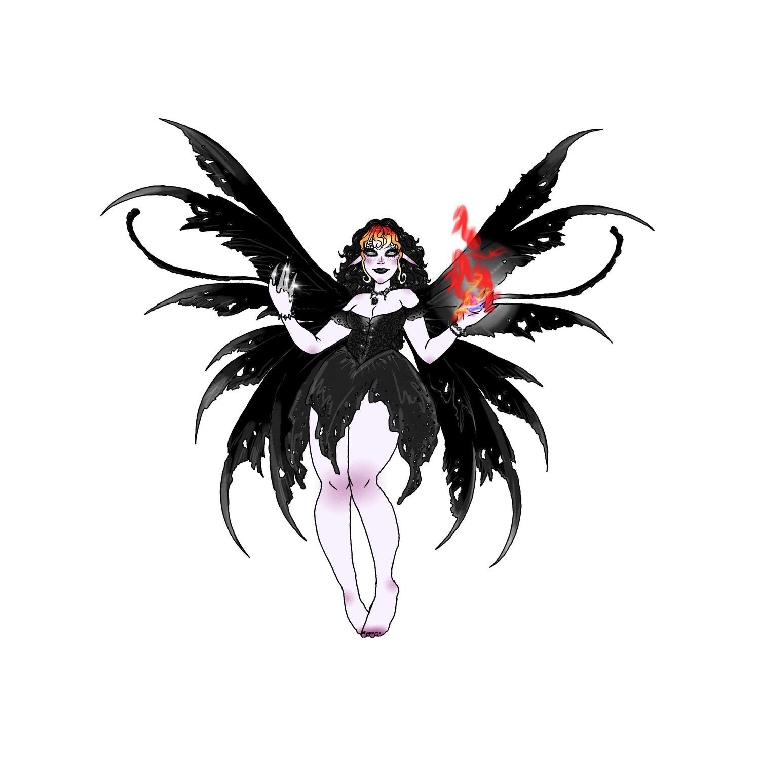 pale fairy with black dress and wings, red and black curls, chainmail choker and flame in hand