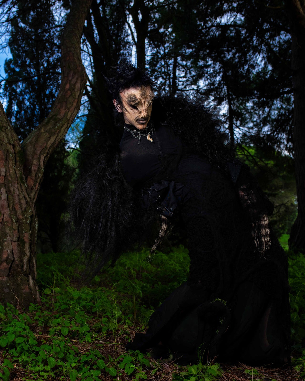 model wears harschuri bussi bracelets as creature standing on grass