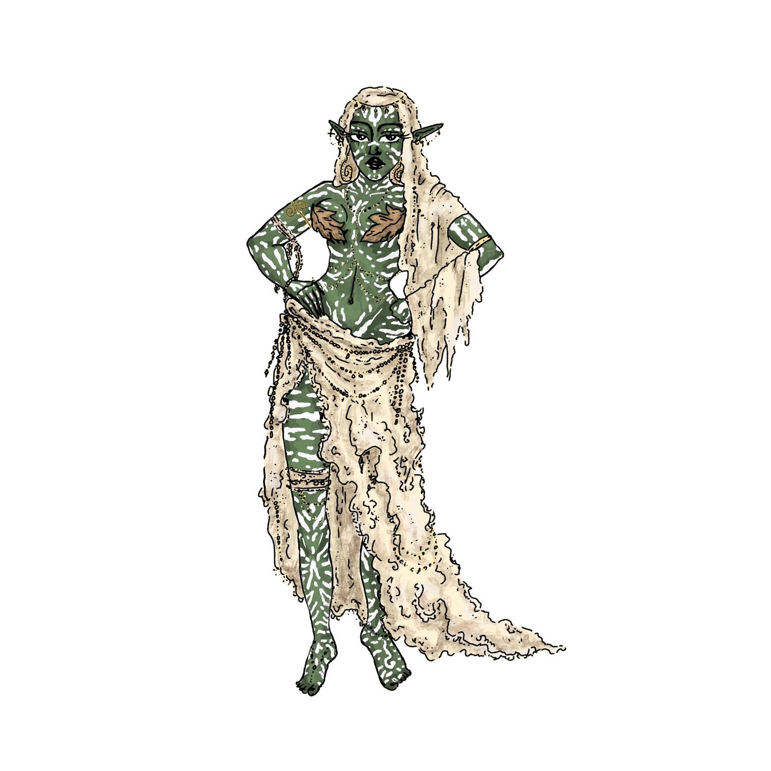green and white character with beige dress and veil