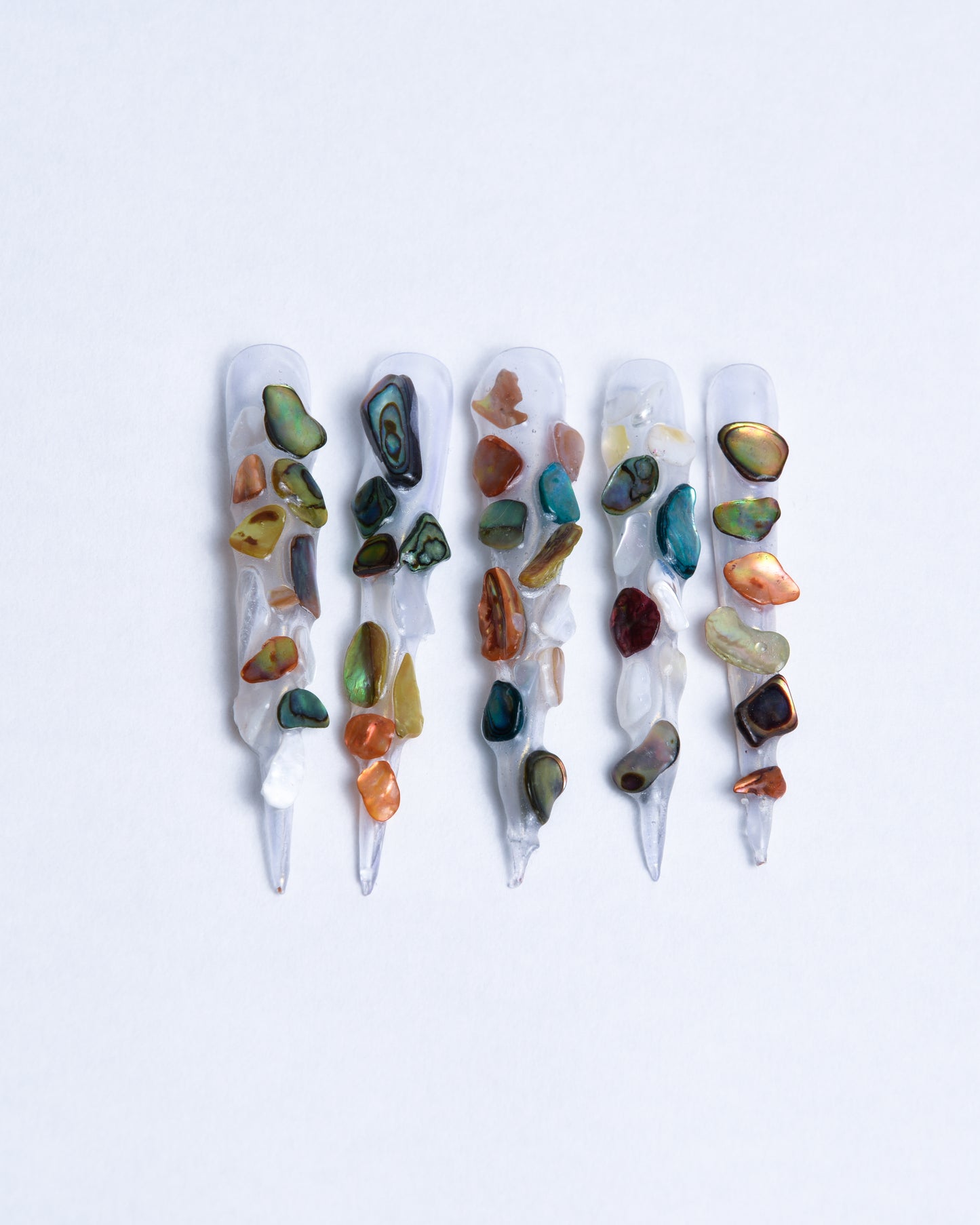XXXL stiletto transparent press on nails covered with earthy tone seashells