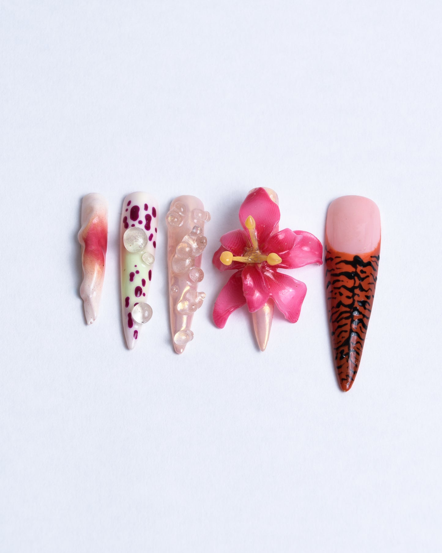 XXL stiletto nails with hand sculpted pink flower orchid & orange black tiger patterns and 3D water drops