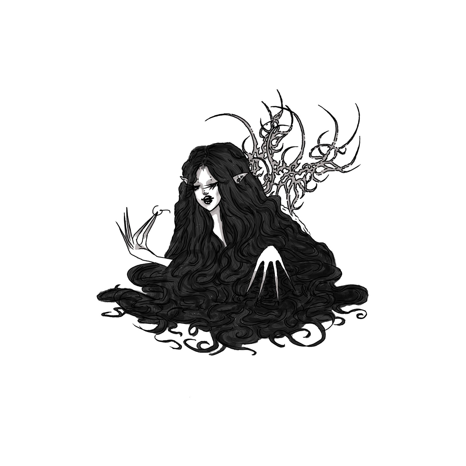 pale fairy with long black hair with spiky long fingers and tribal wings